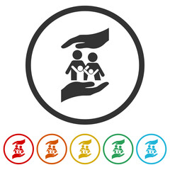 People Care. Protect family icon. Set icons in color circle buttons