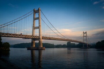 Fototapeta premium Majestic Suspension Bridge Spanning Serene River at Dawn