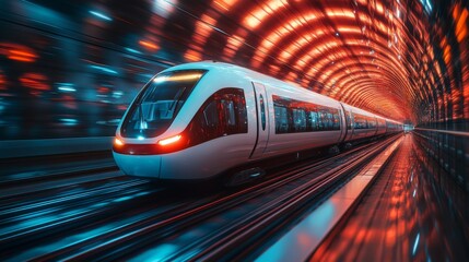 A sleek smarttrain travels swiftly through a vibrant tunnel illuminated by dynamic lights. This automated transport system exemplifies advances in logistics and urban mobility.