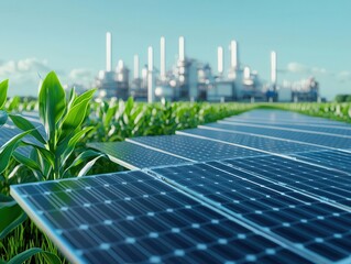 Fototapeta premium A field of solar panels with a futuristic factory in the background, symbolizing the integration of renewable energy in hightech green industry solutions