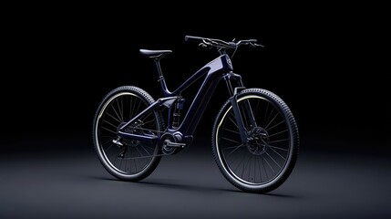 Fototapeta premium Dark electric mountain bike. Modern, stylish, and sleek design. Features powerful motor and suspension. Perfect for all-terrain adventures