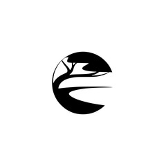 Minimalist Tree and Path Logo Icon, Black on White, Circular Design