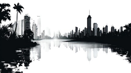 Fototapeta premium Tropical city skyline reflected on water, graphic design