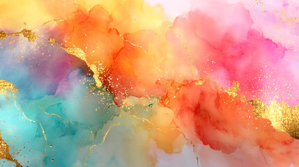 Fototapeta premium Abstract watercolor painting with gold accents featuring vibrant colors and fluid design elements