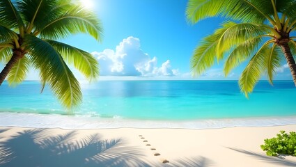 A bright and sunny tropical beach with clear turquoise water, soft white sand, palm trees gently swaying in the breeze, blue sky with a few fluffy clouds, footprints in the sand leading toward the oce