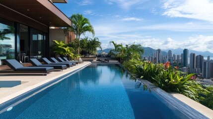 Fototapeta premium Modern luxury villa with infinity pool overlooking city skyline and mountains, surrounded by lush tropical vegetation