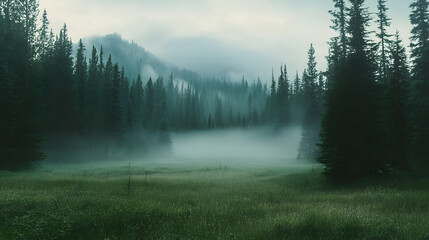 Misty morning landscape with tall, dark trees in a tranquil forest clearing. Fog hangs low, creating an ethereal and mysterious atmosphere.