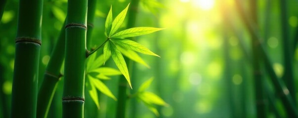 Sun-dappled bamboo stalks, vibrant green leaves , spring, bright