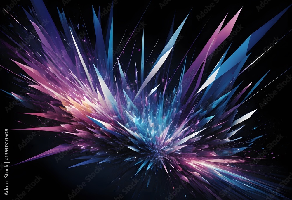 Poster Abstract Light Dance, Vibrant Colors In Darkness Create A Mesmerizing Design. Shimmering Particles And Prismatic Shards Offer A Unique Background Texture, Perfect For Creative Projects. Depth And