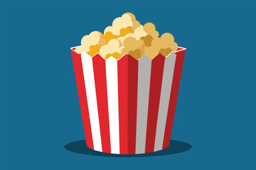 A cartoon illustration of a red and white striped popcorn bucket filled with popcorn against a blue background.