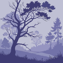 Fototapeta premium Silhouette of trees in a misty landscape in purple hues