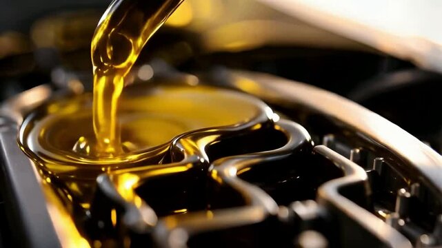 Motor oil is pouring into an engine, highlighting essential automotive care, lubrication, mechanical upkeep, and enhancing vehicle performance.