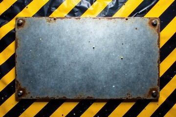 Metal plate with black and yellow attention striped background,  symbol,  safety