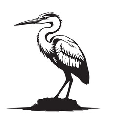 Obraz premium Heron silhouette standing on a branch in white background with wildlife birds and nature elements