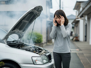 Woman in Gray Sweater Stressing Over Smoky Car Engine Breakdown