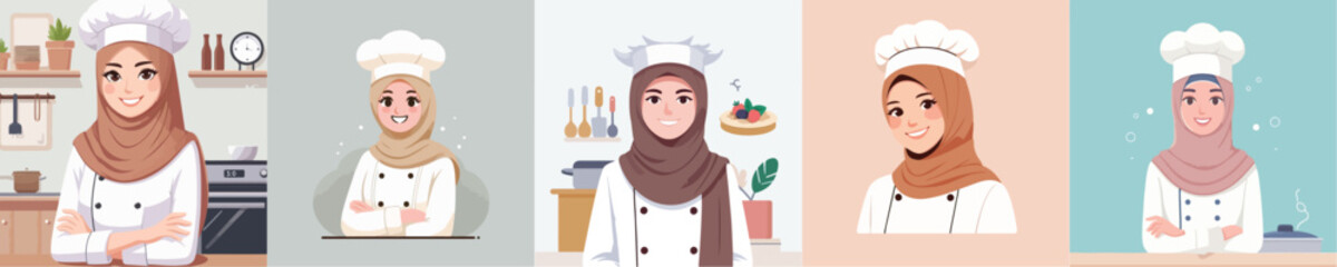 vector of woman wearing hijab in chef costume