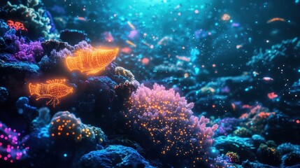 Fototapeta premium Glowing underwater scene showing coral reef with fish outlines