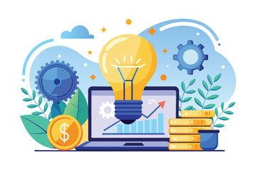 An illustration of a lightbulb idea growing on a laptop screen with a graph and gold coins, symbolizing business growth and success.