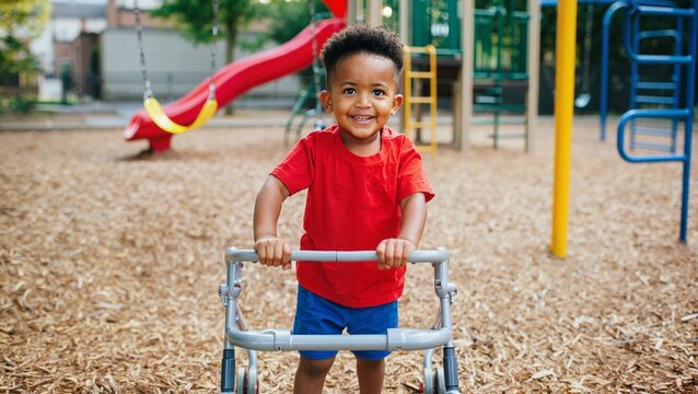 Smiling child with walker in playground