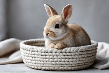 Soft bunny nestled in cozy woven basket, surrounded by gentle te