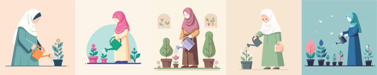 hijab woman vector watering plants