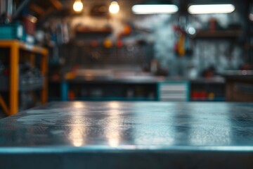 metal blank tabletop with blurred automotive tools and parts in the background suitable for promoting automotive products