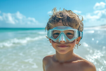 Naklejka premium Young boy in mask, snoring on beach.