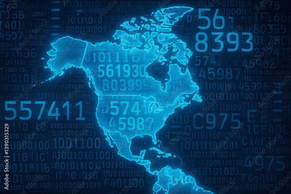 Fototapete digital representation of north america with binary code and geographic outlines in a modern design