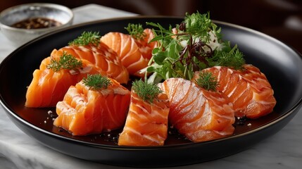 An aesthetically pleasing platter of luscious salmon sashimi garnished with greens, showcasing the delectable and vibrant aspects of fresh seafood cuisine.
