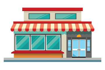 A cartoon drawing of a small storefront with a red and white striped awning, large windows, and double glass doors.