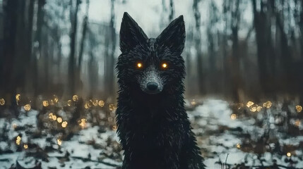 A black fox with glowing eyes stands in a snowy forest.