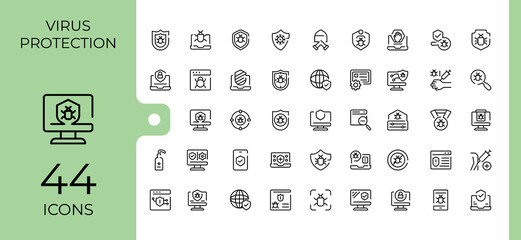 Set of Antivirus line icon. Includes thin line symbols protect, privacy, tech, defense, hacker and more. Line icons with editable stroke. Cyber icon. Vector illustration.