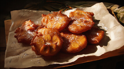 Banana fritters on parchment with sugar dusting visible