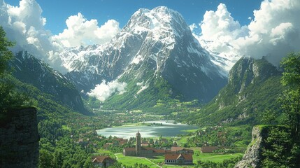 Animated valley view snow-capped mountain, green hills, lake, village, sunny sky with fluffy clouds