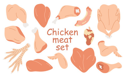 Chicken raw meat. Set of chicken meat parts, neck, breast, fillet, heart, thigh, drumstick, carcass, legs.