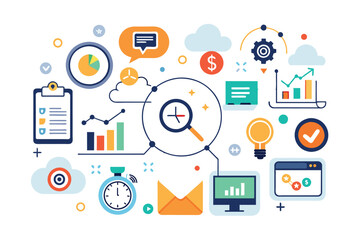 A vibrant illustration depicting a variety of time management and productivity strategies including goal setting, scheduling, and tracking progress.