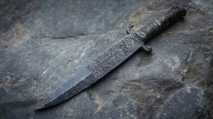 An intricately designed dagger rests on a textured grey stone surface