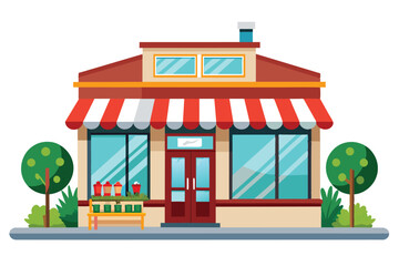 Obraz premium A cartoon image of a small store with a red and white striped awning and two green trees.