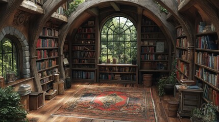 Enchanting circular library, wooden shelves overflowing with books, large arched window overlooking lush greenery, wooden floor with an area rug