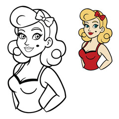 A glamorous pin-up girl strikes a confident pose, standing on a mirror that reflects her vintage charm, red lips, and high heels—beauty and attitude from every angle.