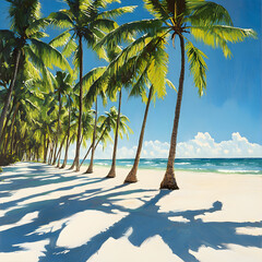 Peaceful sandy beach with palm trees casting shadows in tropical setting high resolution picture