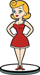 A glamorous pin-up girl strikes a confident pose, standing on a mirror that reflects her vintage charm, red lips, and high heels—beauty and attitude from every angle.