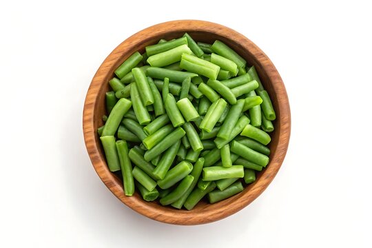 Fresh cut green beans in wooden bowl isolated on white background