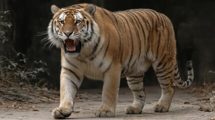 Obraz premium In this striking portrait, a powerful tiger steps proudly through its habitat, embodying colors and textures of the wild, showcasing nature's artistry and the tiger's grand beauty.