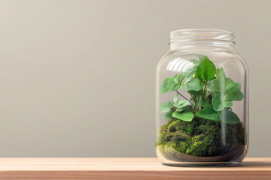 Glass jar filled with lush greenery and moss, creating serene in