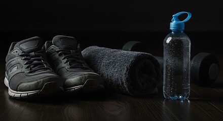 Gym essentials still life athletic shoes dumbbell water bottle and towel