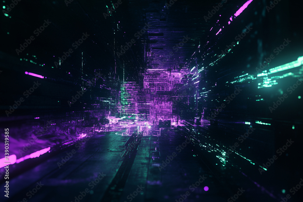 Poster digital tunnel: a vibrant display of light streams and structures, creating a visually striking tunn