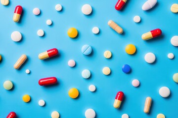 Diverse assortment of colorful pills and capsules on vibrant blue background arranged thoughtfully for visual impact