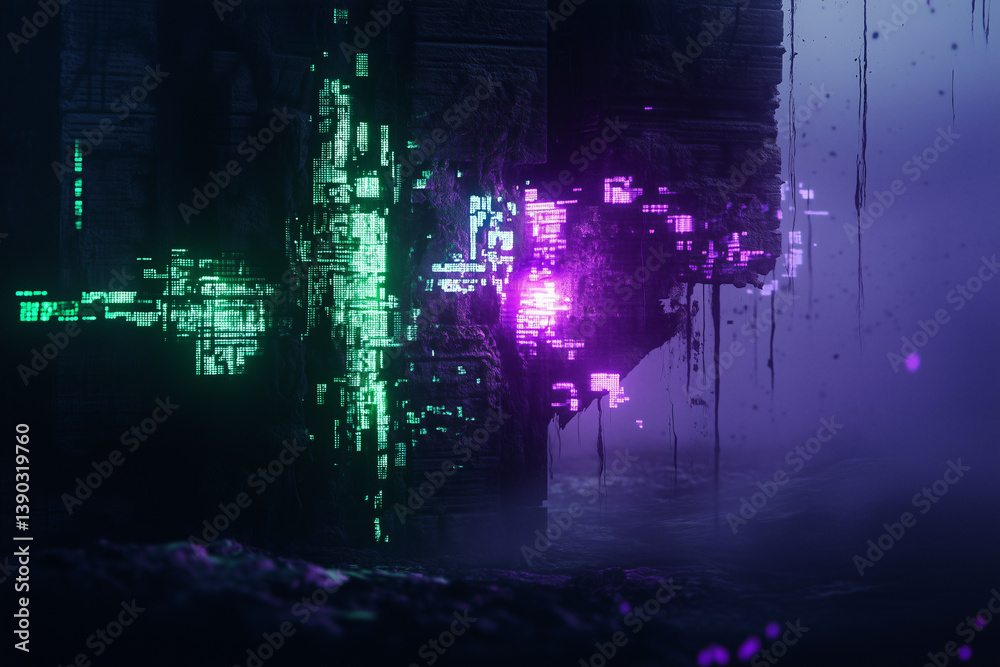 Poster digital fortress: a mesmerizing display of abstract digital architecture. vivid colors and complex s