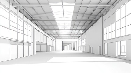 Empty warehouse interior, architectural sketch, sunlit, design concept